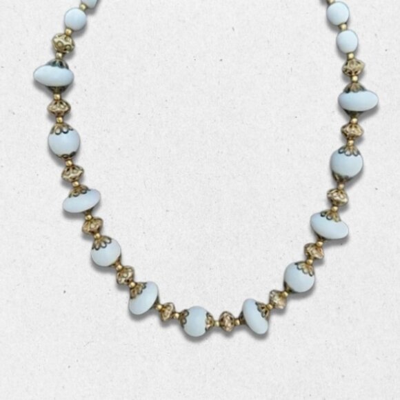 Vintage-Inspired Necklace Milk Glass Ornate Spacer Beads Gold Toned White W OS - Picture 1 of 5